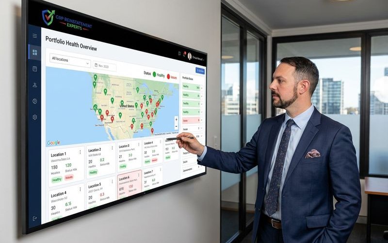 Dashboard showing multi-location GBP portfolio with health indicators
